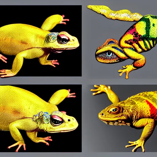 Image similar to three animals,trio, toad with wings front view and rainbow reptile front view and golden lizard front view, trio, artstation, concept art, master illustration, details, good clear quality, fun - w 704