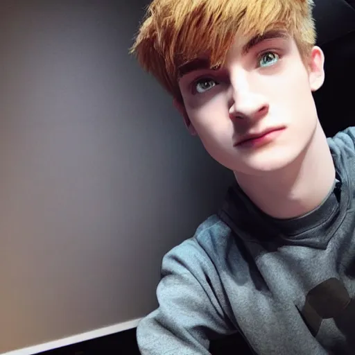 Image similar to “a realistic detailed photo of a guy who is an attractive humanoid who is half robot and half humanoid, who is a male android, twitch streamer Ninja Tyler Blevins, shiny skin, posing like a statue, blank stare, gaming room, close up”