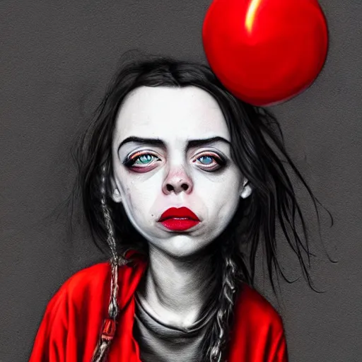 Prompt: surrealism grunge cartoon portrait sketch of billie eilish with a wide smile and a red balloon by - michael karcz, loony toons style, where the wild things are style, horror theme, detailed, elegant, intricate