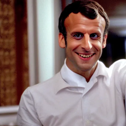 Image similar to Emmanuel Macron vicious smile in American Psycho (1999)