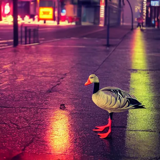 Prompt: a high quality low wide angle photo of a Greylag Goose on the streets of a cyberpunk city, rainy, reflective ground, neon lights, realism, 8k