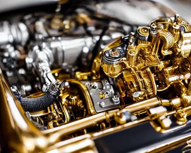 Prompt: 5 0 mm photography of a holy golden car engine mechanism. highly immaculate detailed 8 k. intricate. lifelike. nikon d 8 5 0. tiltshit. motion blur. dof