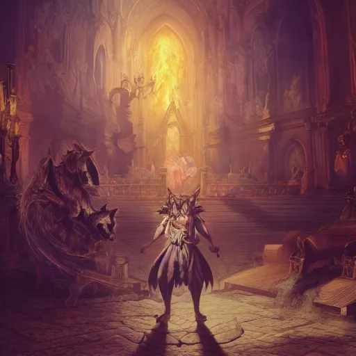 Image similar to A epic and beautiful rococo painting of a werewolf inside a burning cathedral. demon slayer style. ultra-detailed. Anime, pixiv, UHD 8K CryEngine, octane render