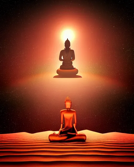 Image similar to the most beautiful sunset, giant pink full moon, a sky full of stars aticama desert chile, a buddha with a golden dorje above his head, coherent design, symmetrical, concept art, vivid color, complementary color, golden ratio, detailed, sharp lines, intricate, rainbowshift, by mc escher, octane render