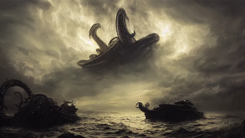 Image similar to small boat in foreground, giant big kraken in the background, lightning in background, intricate, detailed, volumetric lighting, sharp focus, scenery, digital painting, highly detailed, concept art, ruan jia, steve mccurry