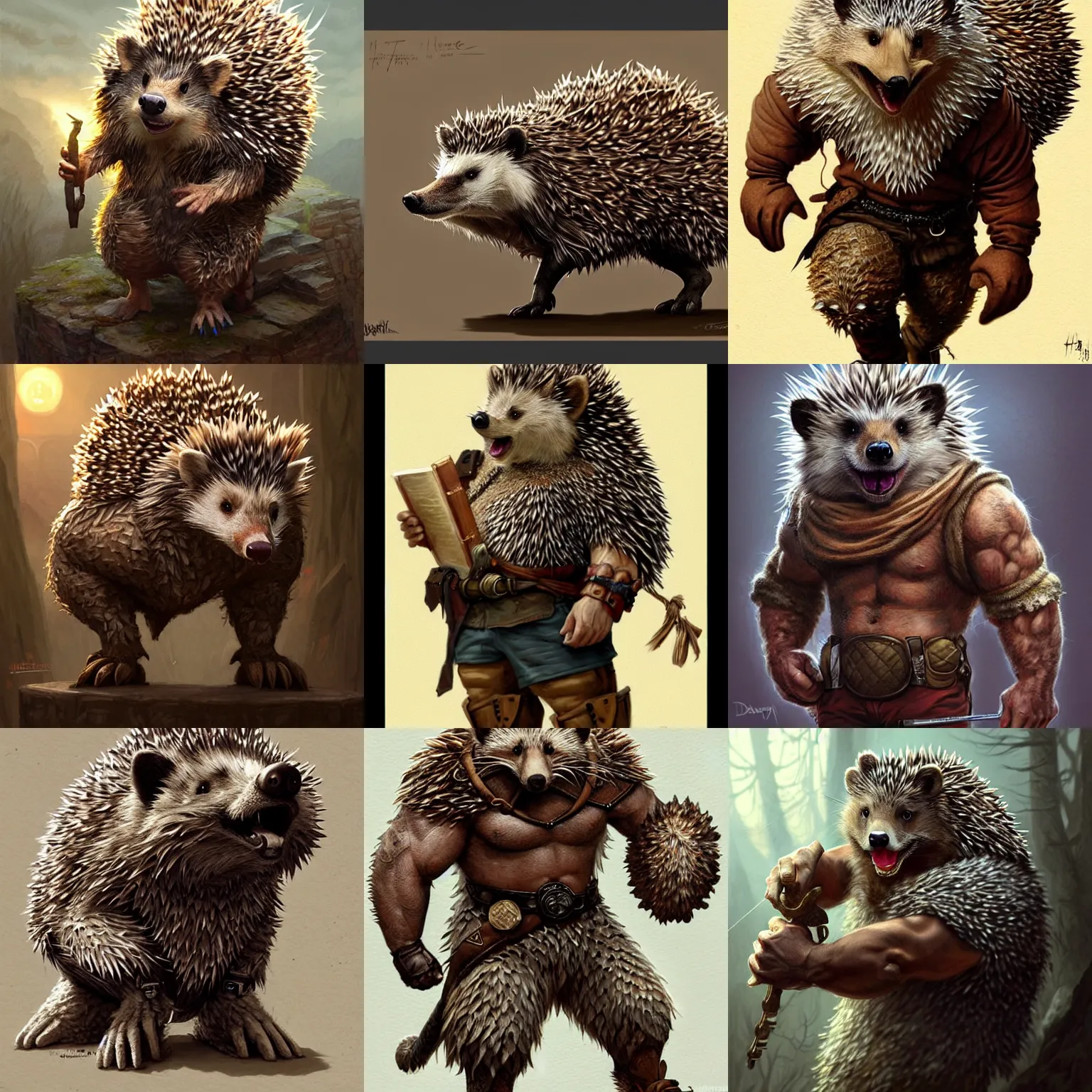 Prompt: anthropomorphic rugged hedgehog!!! with furry!! powerlifter muscular upper body, 👅 👅 , D&D, fantasy, intricate, elegant, highly detailed, digital painting, artstation, concept art, smooth, sharp focus, illustration, art by artgerm and greg rutkowski and alphonse mucha
