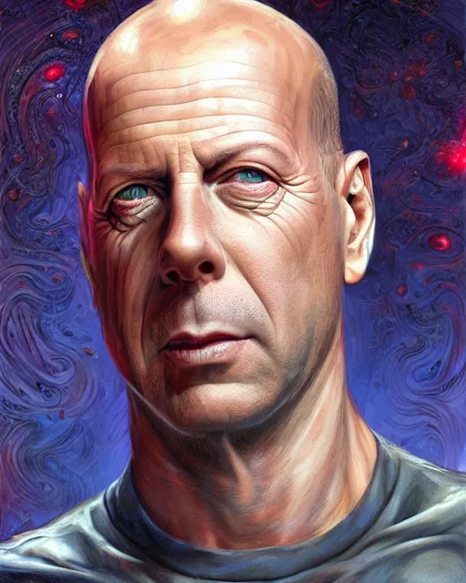 Prompt: bruce willis, by antonio j. manzanedo, giger, alex grey, android jones, wayne barlowe, philippe druillet, raymond swanland, cyril rolando, josephine wall, harumi hironaka, trending on artstation