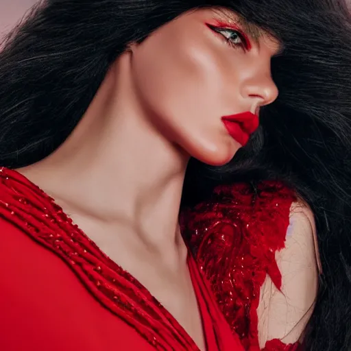 Prompt: close up of face of a fashion model in luxury red dress, black background, official valentino editorial, highly detailed