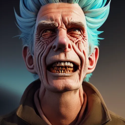 Prompt: apocalyptic rick sanchez portrait with ribbed face by gaston bussierre and charles vess and james jean and erik jones and rhads, 3 d octane render, beautiful fine face features, intricate high details, sharp, ultradetailed