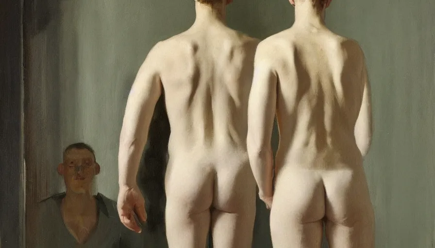 Prompt: painting by borremans, man back standing in front on the mirror and his back in the mirror, detailed, stunning