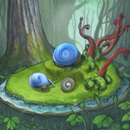 Image similar to friendly giant snail in fantasy feywild swamp, illustration