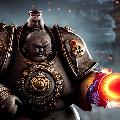 Prompt: Portrait of Budai as the emperor of humanity from warhammer 40k in Gears of War, splash art, movie still, cinematic lighting, dramatic, octane render, long lens, shallow depth of field, bokeh, anamorphic lens flare, 8k, hyper detailed, 35mm film grain