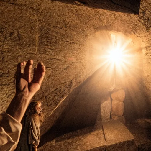 Image similar to cinematic still of the stone rolled away from Jesus's tomb, heavenly light coming from the opening, just before dawn, dynamic angles, miracle, magical, wondrous, Biblical epic movie directed by Peter Jackson