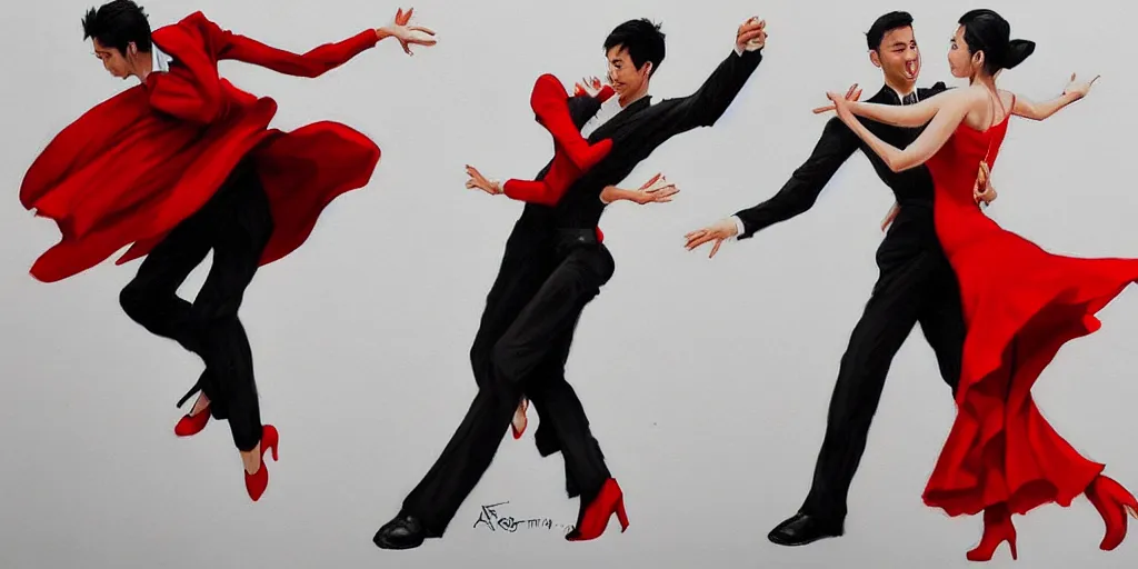 Image similar to Dancing Gesture draw by Stanley Artgerm Lau, Gesture draw, Salsa Dance, couple, lady using red dress, guy using a fancy suit, Salsa tricks, WLOP, Rossdraws, James Jean, Andrei Riabovitchev, Marc Simonetti, and Sakimichan, trending on artstation