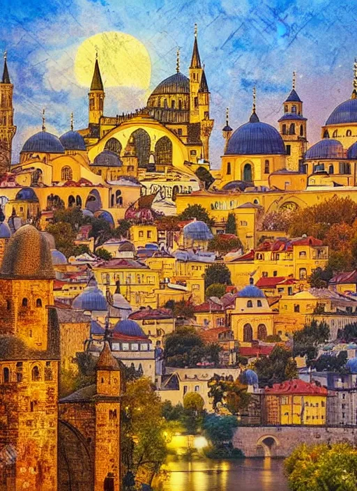 Prompt: painting of beautiful shot of Royal medieval Middle Eastern city like Prague mixed with Istanbul like Islamic architecture with greenery all around , autumn colors