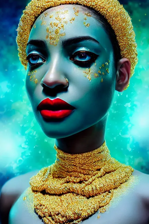 Image similar to hyperrealistic post - symbolist cinematic very beautiful! oshun goddess with white eyes, yoruba body paint, chrome dripping droplet lips, gold flowers, highly detailed digital art masterpiece, smooth etienne sandorfi eric zener dramatic pearlescent soft teal light, ground angle uhd 8 k, sharp focus