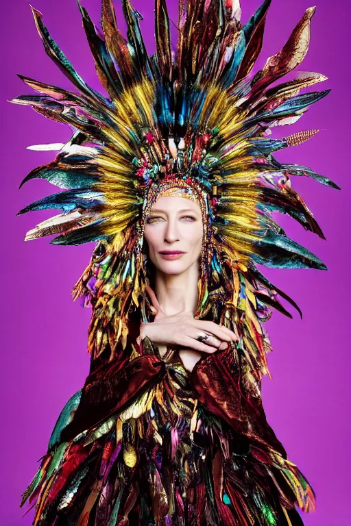 Prompt: cate blanchett , by Tino Rodriguez , elaborate headdress and embroidered velvet, iridescent beetles, rich color, dramatic cinematic lighting, extremely detailed