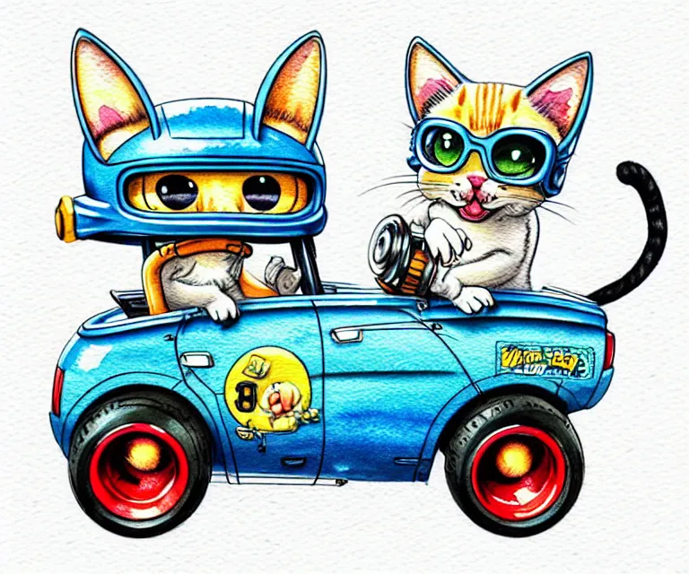 Image similar to cute and funny, kitten wearing a helmet riding in a tiny hot rod with an oversized engine, ratfink style by ed roth, centered award winning watercolor pen illustration, isometric illustration by chihiro iwasaki, edited by range murata, tiny details by artgerm and watercolor girl, symmetrically isometrically centered, sharply focused