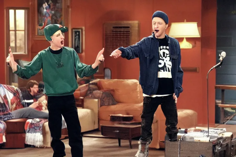 Prompt: eminem rapping in episode of that 7 0 s show, hd image