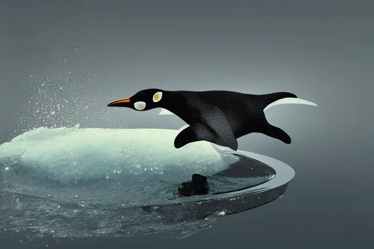 Prompt: penguin surfing on a glass tube, high-quality 4k 3D Render