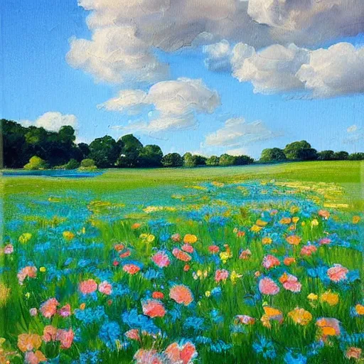 Prompt: This painting has captures the serenity and beauty of a summer day. The sky is a deep blue, and the sun is shining down on the fields of flowers. The colors are very vibrant, and the brushstrokes are very fluid. The overall effect is one of peace and calm. coffee paint, depth of field by Pieter Jansz Saenredam 3d render, eclectic