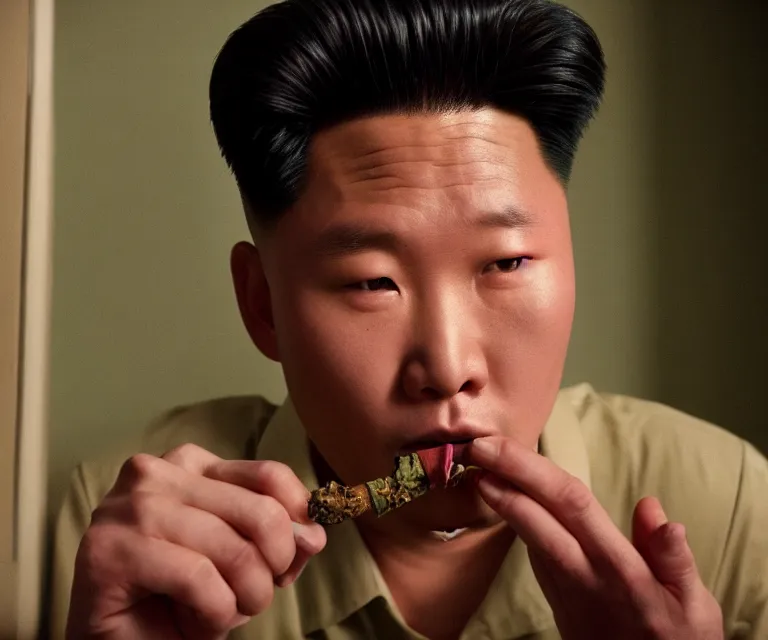 Image similar to hyperralism pineapple express movie still photography of real detailed north korean kim chen with detailed face smoking detailed weed in basement bedroom photography by araki nobuyoshi