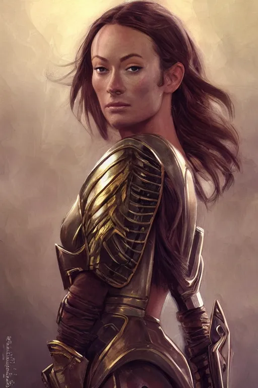 Image similar to a professional painting of a young Olivia Wilde, clothes in military armor, olive skin, long dark hair, beautiful bone structure, symmetrical facial features, intricate, elegant, digital painting, concept art, smooth, sharp focus, illustration, from StarCraft by Ruan Jia and Mandy Jurgens and Artgerm and William-Adolphe Bouguerea