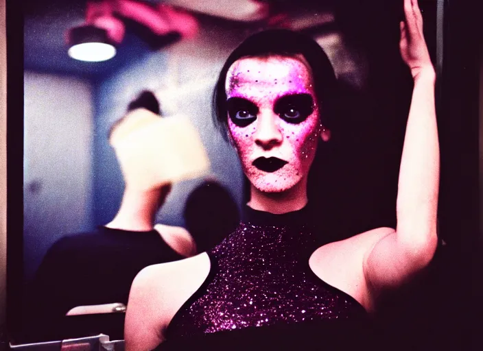 Prompt: cinestill 5 0 d candid photographic portrait by stanley kubrick of a beautiful feminine man wearing black techwear skirt and glitter makeup looking in a broken bathroom mirror, cramped new york apartment, medium shot, retrofuturism cyberpunk cinematic, 8 k, hd, high resolution, 3 5 mm, f / 3 2, ultra realistic faces, intricate detail, clockwork orange