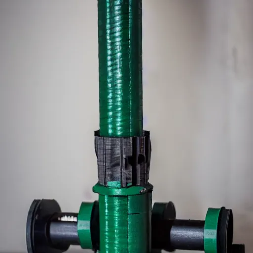 Image similar to a working rocket launcher that was 3 d printed using black and green filament. 8 5 mm lens, f 1. 8.