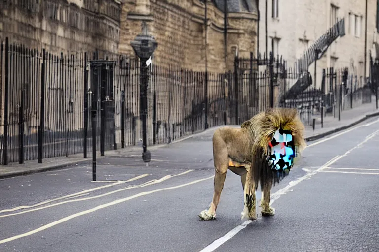 Image similar to Photo of a lion walking through the empty streets of london, highly detailed, award winning, Canon 100-400mm f/4.5-5.6 II,