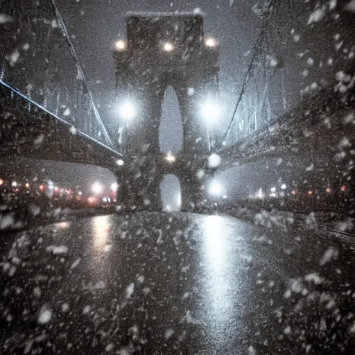 Image similar to photo of the manhattan bridge during a snow storm, aesthetically pleasing, color grading, grainy