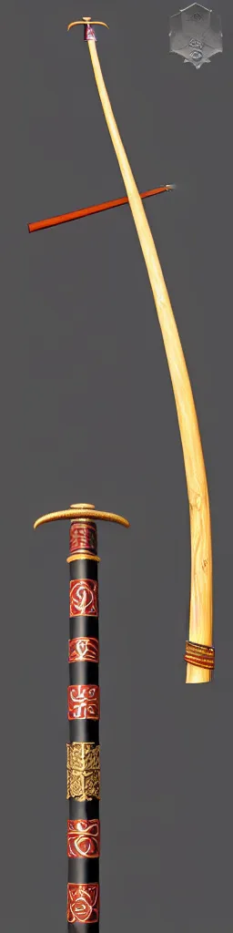 Prompt: single wooden long straight thin ninja fighting staff with oriental ornaments, weapon, highlight, vertical, centred, highly symmetric, sci - fi, fantasy, japan, dnd, close shot, bright uniform background, directional lighting, digital art, hyperrealism, award winning, 8 k