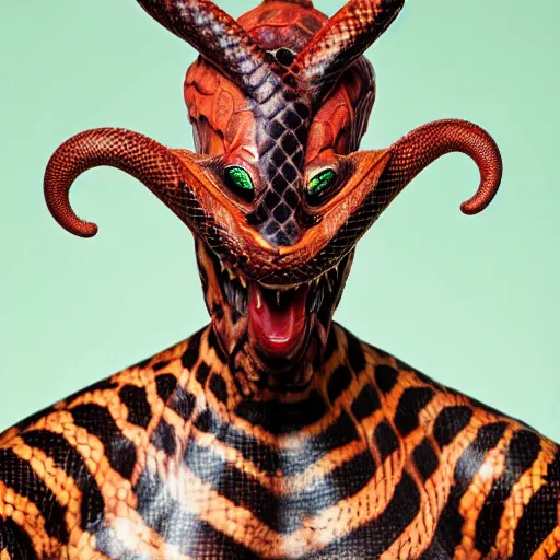 Image similar to a demon inspired by snakes created by the make up artist hungry, photographed by andrew thomas huang, cinematic, expensive visual effects