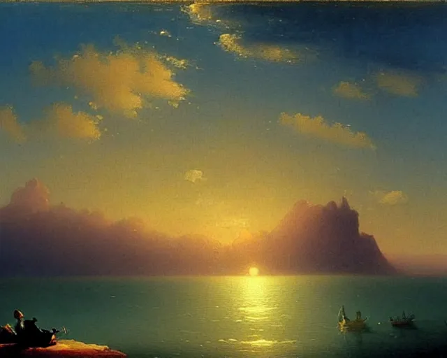 Image similar to A slightly silhouetted figure of a man with a guitar, clouds that look like mountains high in the sky, the clouds are a deep blue purple color with the sun blazing behind the clouds, art by Ivan Aivazovsky