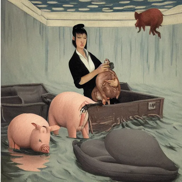 Image similar to tall female emo artist holding a pig in her flooded apartment, mushrooms, octopus, water gushing from ceiling, painting of flood waters inside an artist's apartment, a river flooding indoors, pomegranates, pigs, ikebana, zen, river, rapids, waterfall, black swans, canoe, berries, acrylic on canvas, surrealist, by magritte and monet