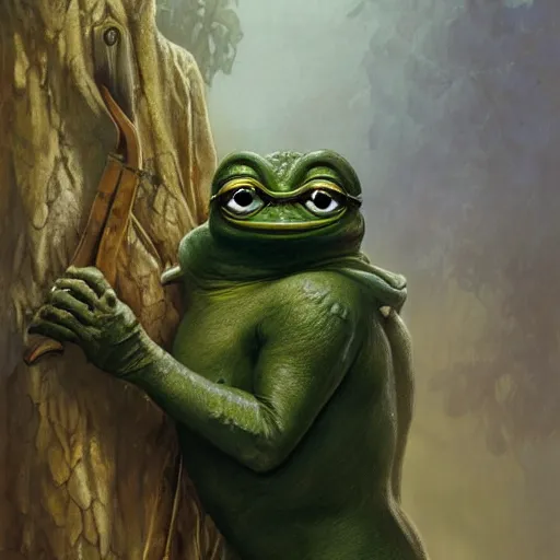 Image similar to pepe the frog as aragorn by alan lee, leather armor, golden hour, concept art, detailed clothing, art station, oil painting, art by artgerm and greg rutkowski and alphonse mucha