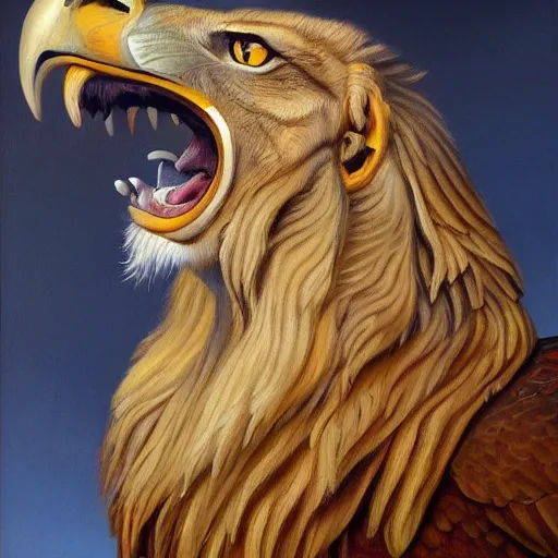 Image similar to a realistic oil painting portrait of a winged lion with an eagle head, highly detailed, trending on artstation, by james gurney and michael whelan