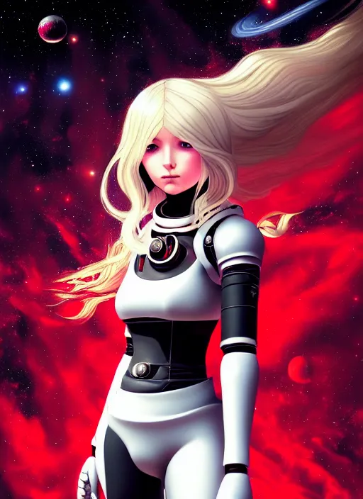 Prompt: highly detailed portrait of a hopeful pretty astronaut lady with a wavy blonde hair, by Greg Hildebrandt , 4k resolution, nier:automata inspired, bravely default inspired, vibrant but dreary but upflifting red, black and white color scheme!!! ((Space nebula background))