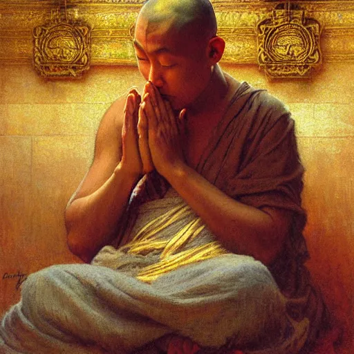 Image similar to highly detailed potrait of blind folded buddhist monk praying like jesus, painting by gaston bussiere, craig mullins, j. c. leyendecker, lights, art by ernst haeckel, john william godward, hammershøi,