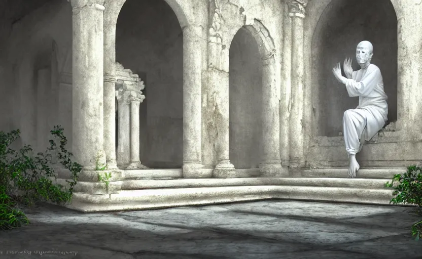 Image similar to barely visible monk wearing a white garment and sitting inside a ruined marble temple while being illuminated by daylight, vegetation, detailed, photorealism, digital painting, 4k