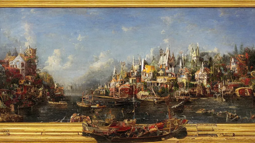 Image similar to an old enchanted fantasy town, viewed from the harbor, by jean - baptist monge,