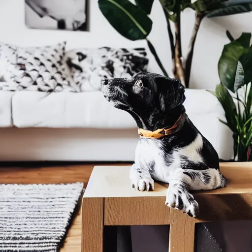 Prompt: a small black dog with a white face, lying down on a sofa, house plants and wood furniture in the background, indoors, dim light, photograph, 4 k, shot on iphone