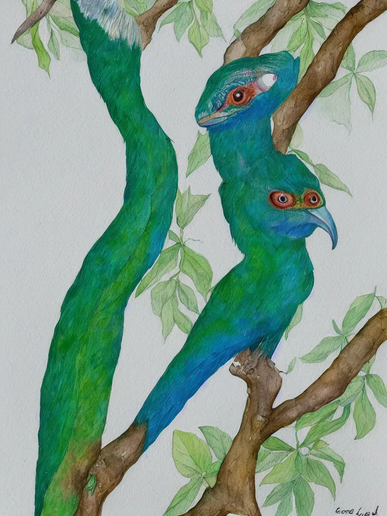 Prompt: A painting of a Resplendant Quetzal on a white background, watercolour, pastel colours,