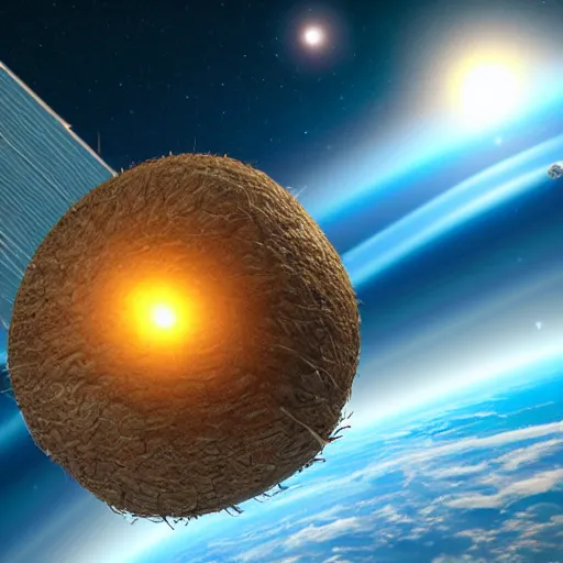 Image similar to an artist's rendering of a coconut satellite in space, a digital rendering by carl eugen keel, featured on cg society, space art, redshift, anamorphic lens flare, reimagined by industrial light and magic