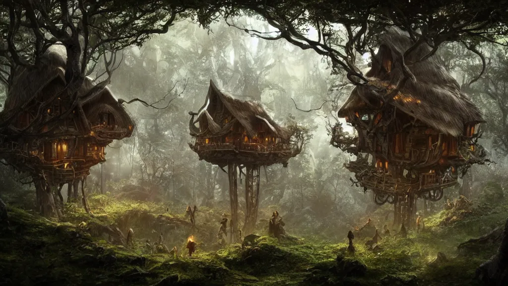 Prompt: elves living in elven treehouses, beautiful landscape, dramatic lighting, cinematic, extremly high detail, photorealistic, cinematic lighting, post processed, concept art, artstation, matte painting, style by greg rutkowsky