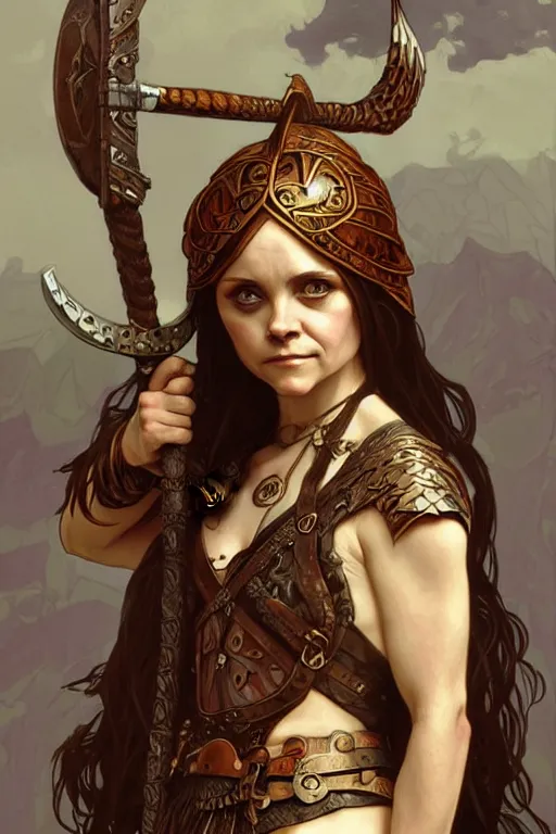 Image similar to Christina Ricci as an Viking warrior, fantasy, intricate, elegant, highly detailed, digital painting, artstation, concept art, smooth, sharp focus, illustration, art by alphonse mucha