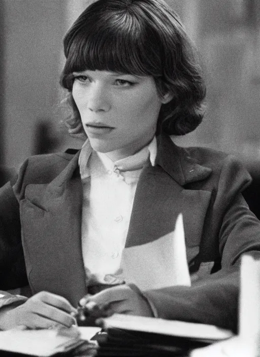 Image similar to A movie still of Lea Seydoux as Secretary of State in 1976 thriller movie.