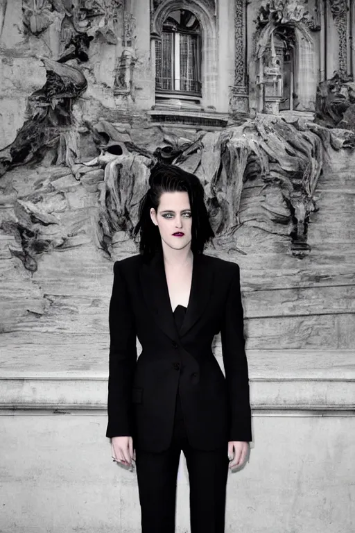 Prompt: kristen stewart wearing the irma vep catsuit, photographed on the street in paris, portrait