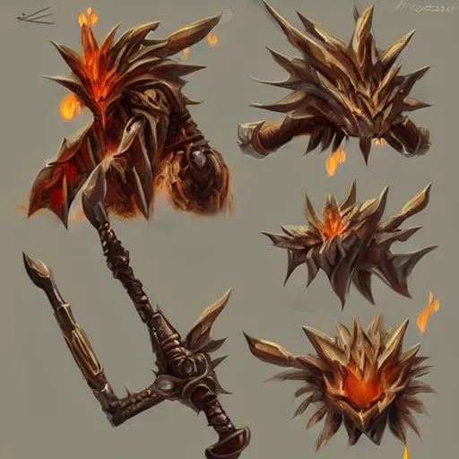 Prompt: concept art of fire golem hammer weapon, symmetry, golem design, fantasy golem, fantasy, behance, pinterest, deviantart, artstation, weapons concept art, design, rpg, weapon, detailed, digital art, incredible, digital painting