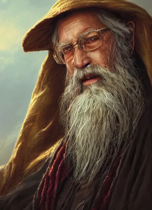 Prompt: portrait of a elderly wizard with a long beard wearing robes and a hawaiian shirt, detailed face, fantasy, highly detailed, cinematic lighting, digital art painting by greg rutkowski